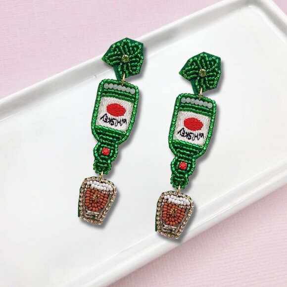 NEW St Patrick's Day Irish Whiskey Holiday Green Seed Beaded Earrings - Picture 4 of 4